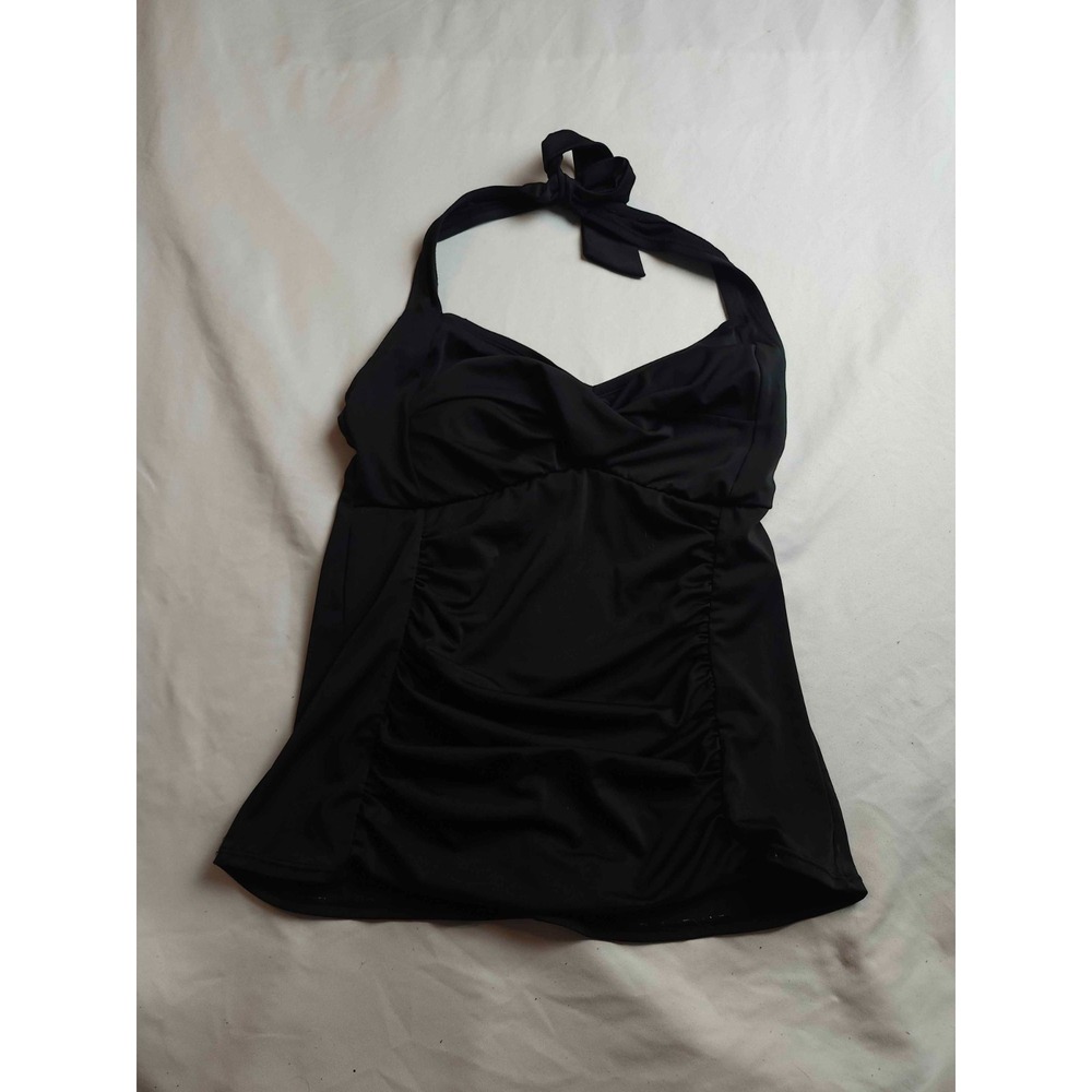 Tankini Swim Top S/M Black Halter Ruched Front Tie Neck‎ Summer Vacation Beachy